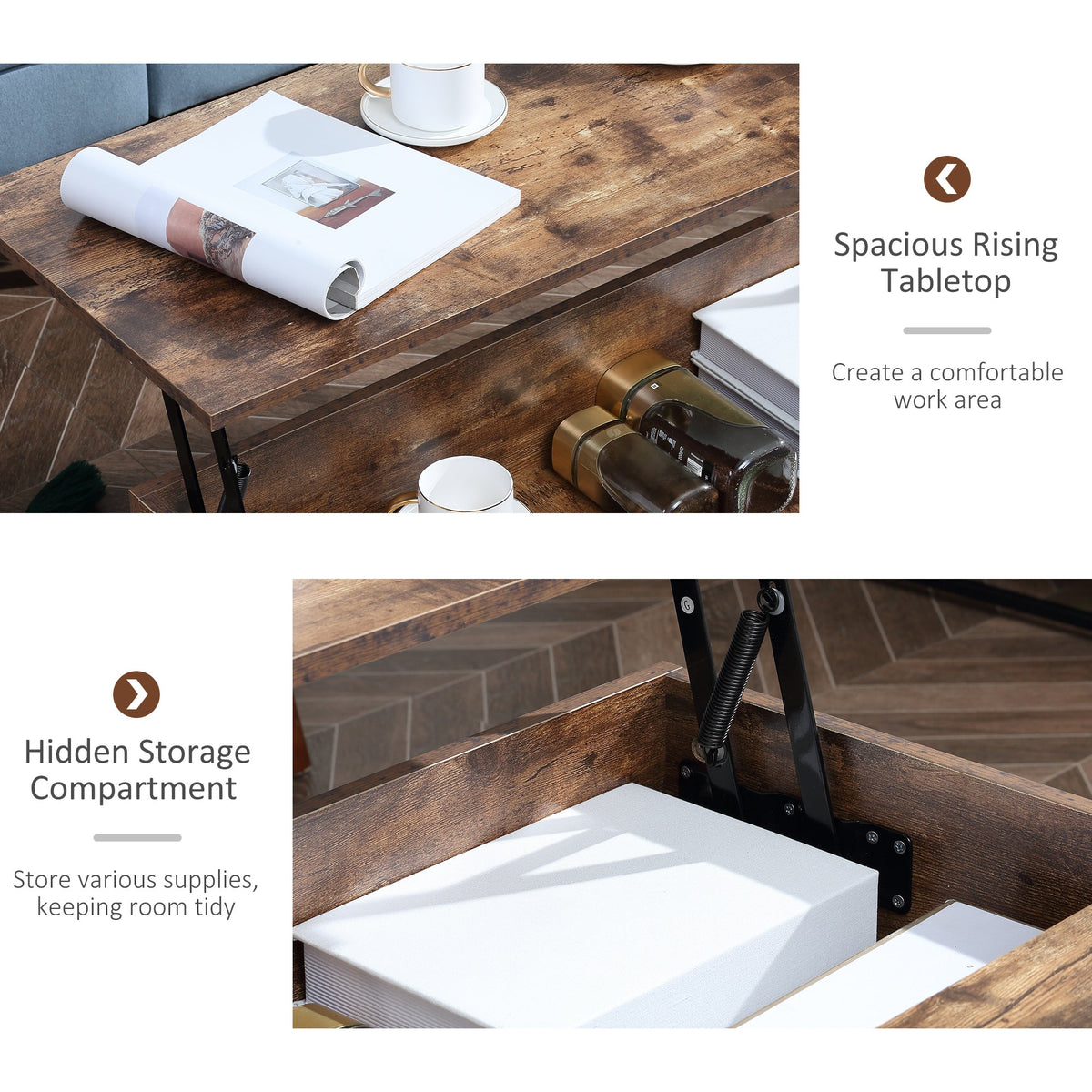 Reese Lift Top Coffee Table with Hidden Storage Compartment-Rustic Brown