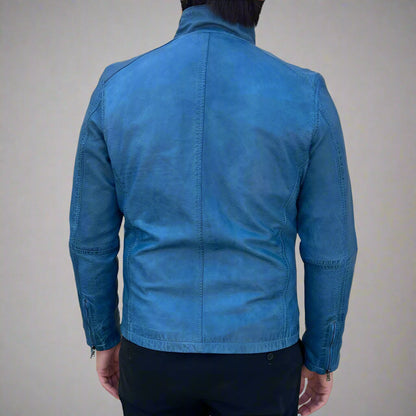Blouson en cuir de mouton pour homme. Col officier classique avec 2 poches.