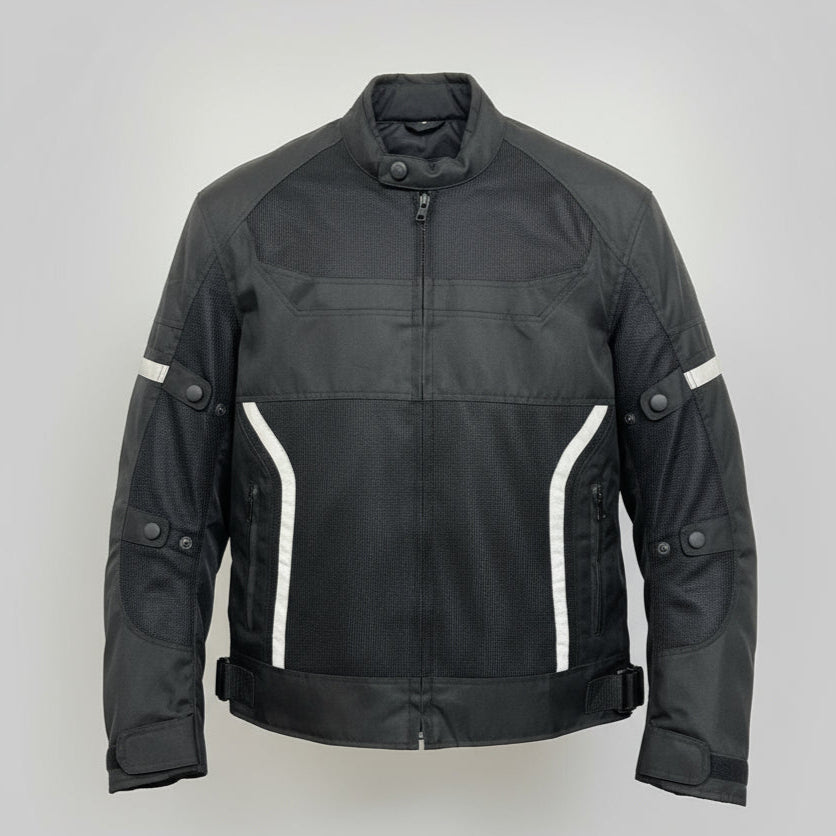 Blouson moto textile pour homme. Protections, bandes réfléchissantes et poches multiples