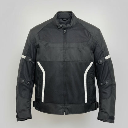 Blouson moto textile pour homme. Protections, bandes réfléchissantes et poches multiples