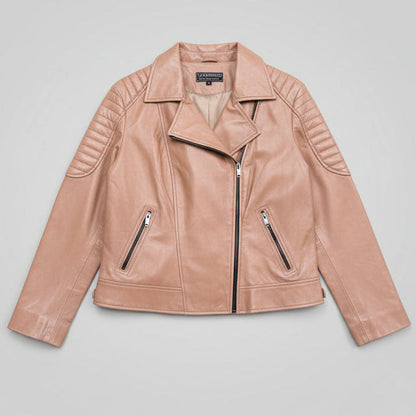 Blouson de motard pour femme en cuir d'agneau avec empiècements matelassés aux épaules