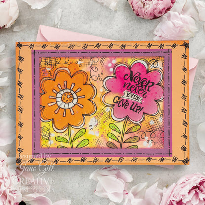 Woodware Clear Singles Petal Doodles Never Give Up Lot de tampons 4 po x 6 po