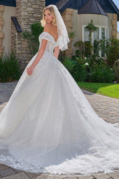 Robe de mariée de bal avec bretelles doubles rabattues, décolleté en V et épaules dénudées