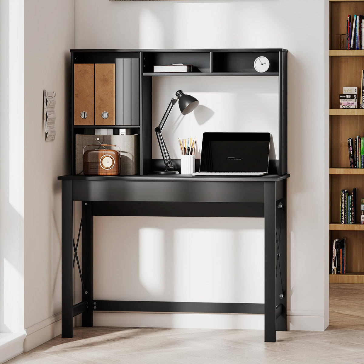 Bureau informatique Sloan avec surmeuble et étagères de rangement - Noir