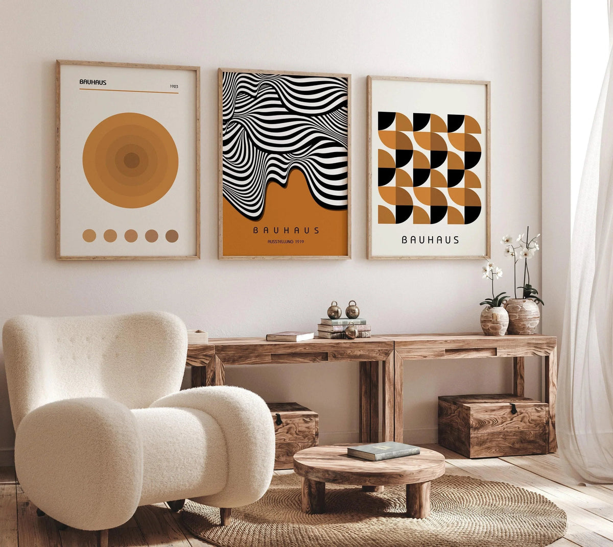Bauhaus Art Prints: Mid-Century Modern Trio, Brown Geometric Posters