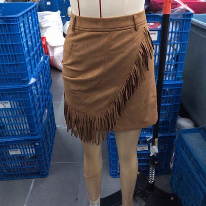 Women's Retro Western Suede Skirt - Tassel Bodycon Mini Skirt