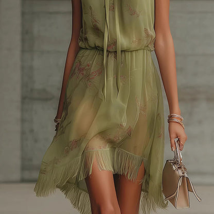 Women's V-Neck Tie-Dye Ruffle Dress - Elegant Sleeveless Dress