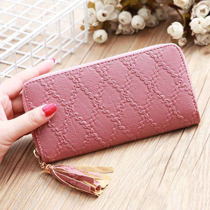 Women's Leather Clutch Wallet – Stylish Tassel Zip Purse with Card Holder Slots