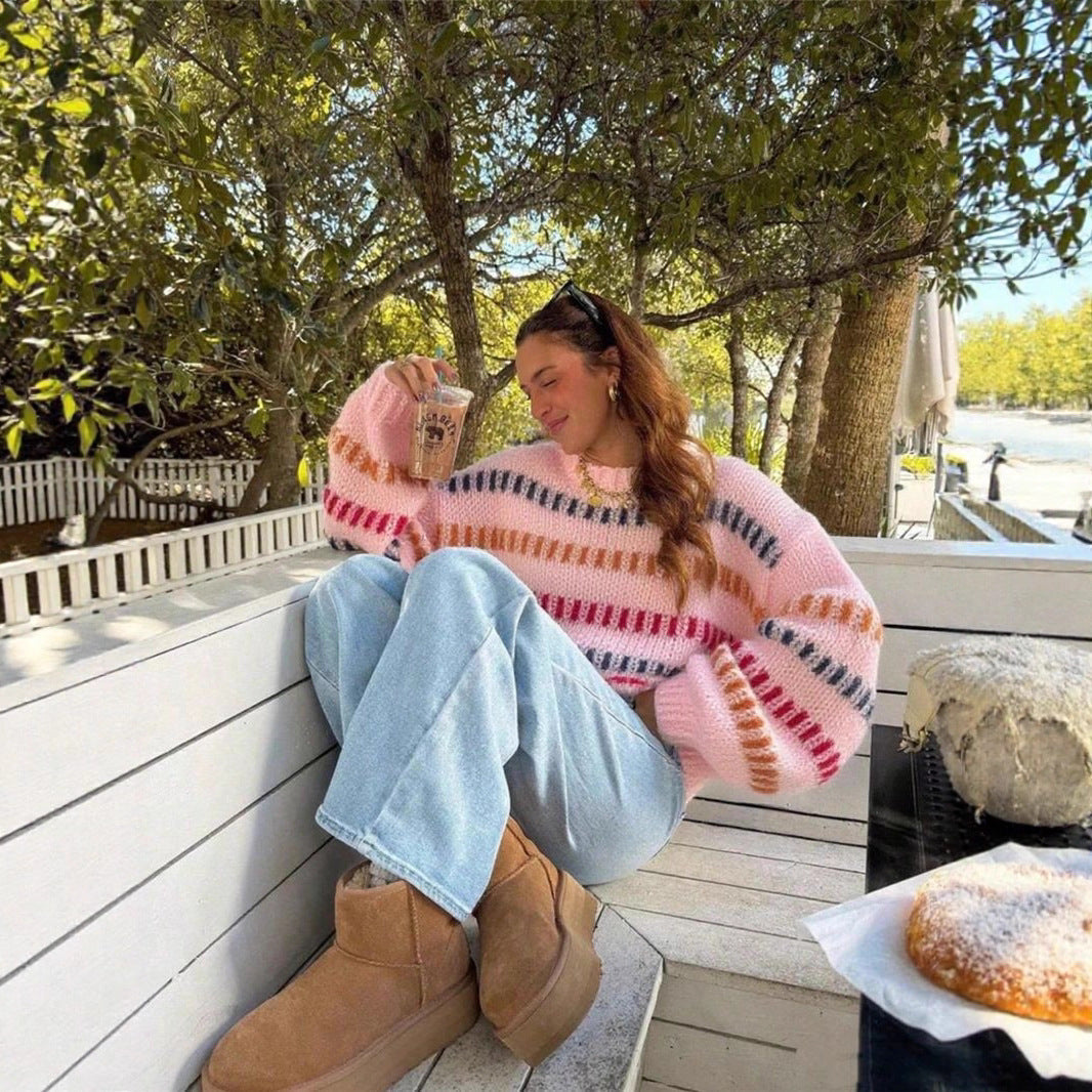 Women’s Retro Loose-Fit Batwing Sleeve Sweater – Casual Oversized Knit Pullover