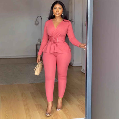 Women's V-Neck Two Piece Set – Long Sleeve Top and Pants Elegant Workwear Outfit