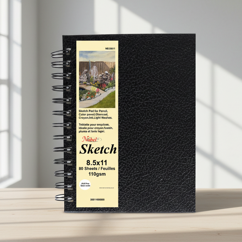 Spiral-bound Sketchbook with Black Faux Leather Cover, 110gsm