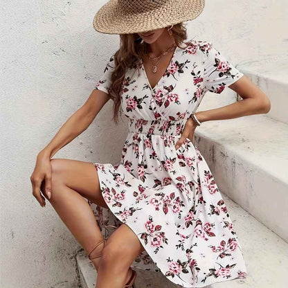 New Short Sleeve Cross Collar Dress Elastic Waist Printed Dress