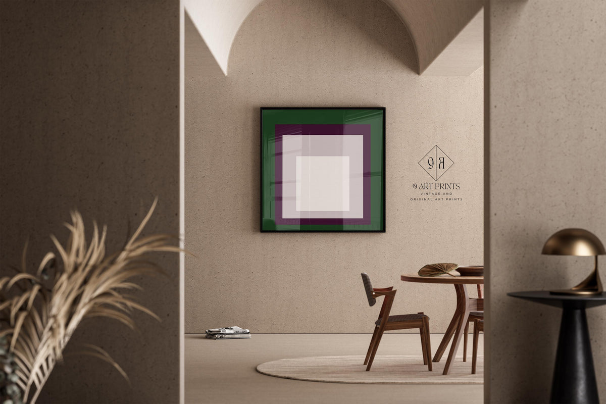Josef Albers Inspired 'Temple' Giclee Print: Mid-Century Modern Art, Green Purple White