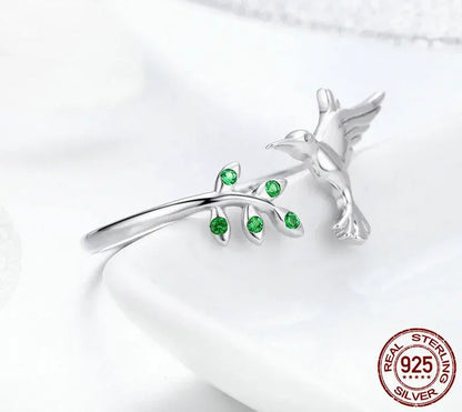 Bague ouverte arbre et oiseau vert en argent sterling 925