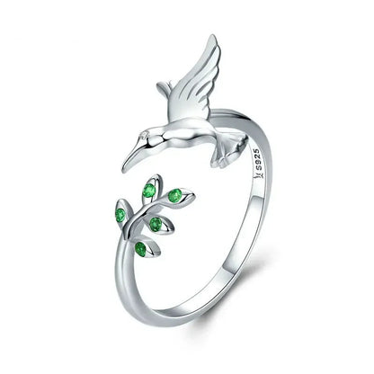 Bague ouverte arbre et oiseau vert en argent sterling 925