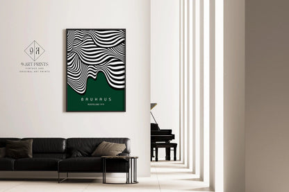 Bauhaus Waves Art Print: Mid-Century Modern Forest Green Poster