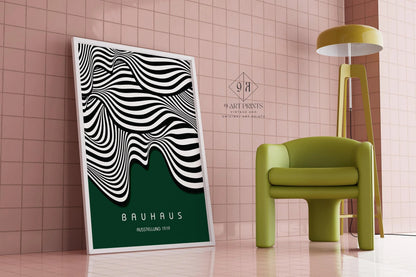 Bauhaus Waves Art Print: Mid-Century Modern Forest Green Poster