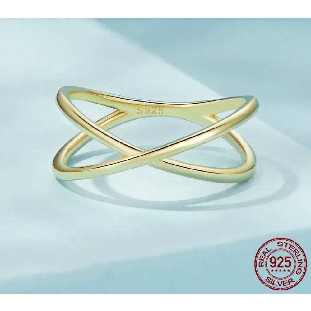 Bague X plaquée or 14 carats à couper le souffle - Bague croisée minimaliste élégante en argent sterling 925 pour femmes - Bijoux de promesse Scr543