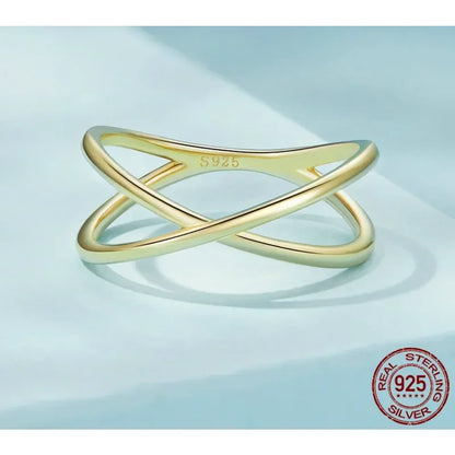 Bague X plaquée or 14 carats à couper le souffle - Bague croisée minimaliste élégante en argent sterling 925 pour femmes - Bijoux de promesse Scr543