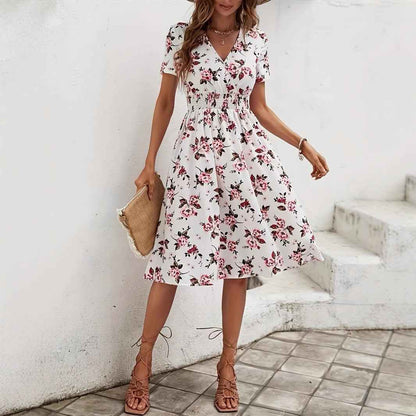 New Short Sleeve Cross Collar Dress Elastic Waist Printed Dress