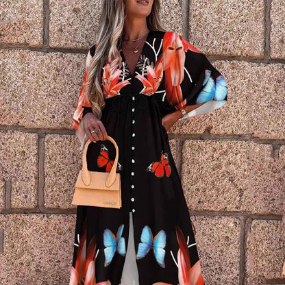 Summer Casual Vacation Style V-Neck Printed Dress