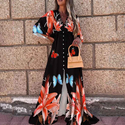 Summer Casual Vacation Style V-Neck Printed Dress