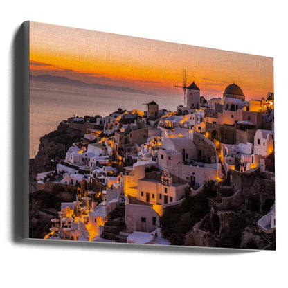 Santorini Village at Golden Sunset Canvas Wall Art | Calispera Santorini