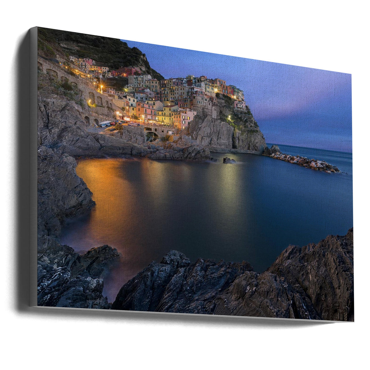 Manarola Coastal Village at Blue Hour Canvas Wall Art | Manarola Lifestyle