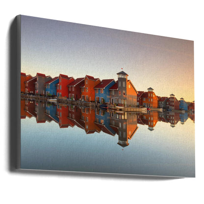 Colourful Waterfront Village Reflections Canvas Wall Art