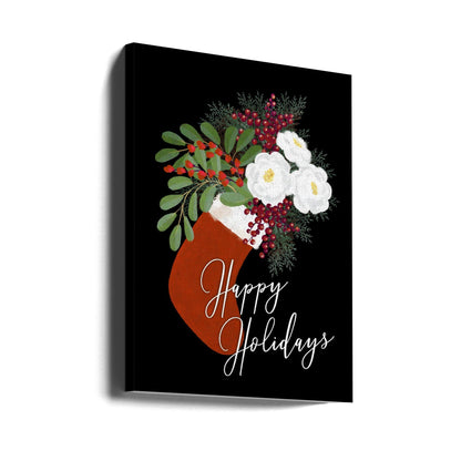 Tableau mural Chaussette florale Joyeuses fêtes sur toile noire