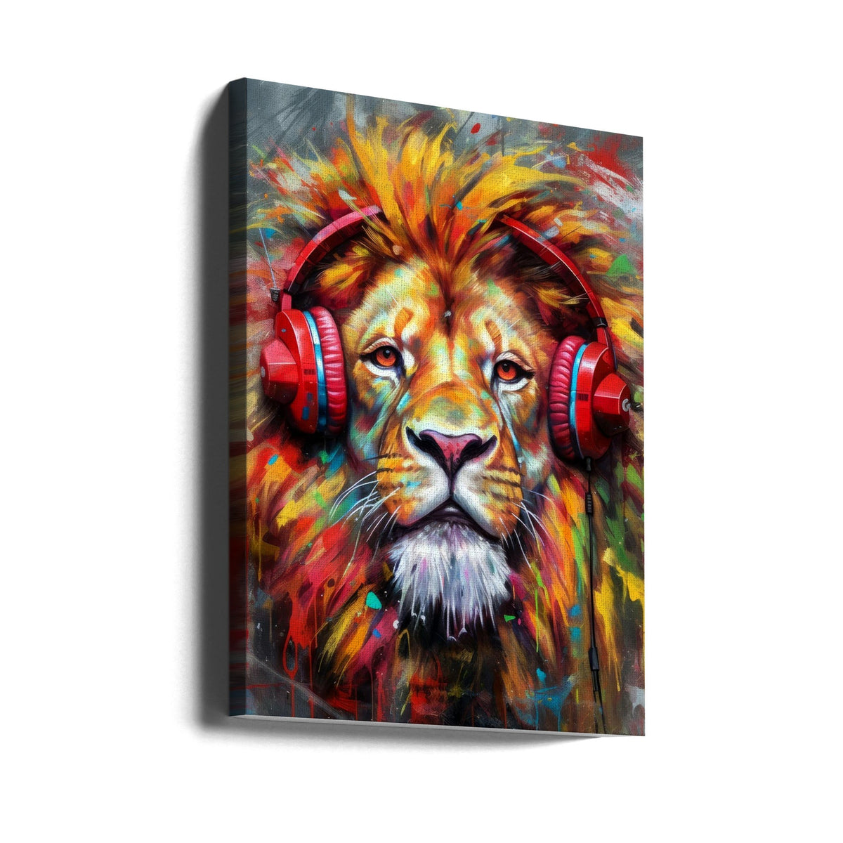 Colourful Lion Wearing Red Headphones Canvas Wall Art | Lion With Headphones animal