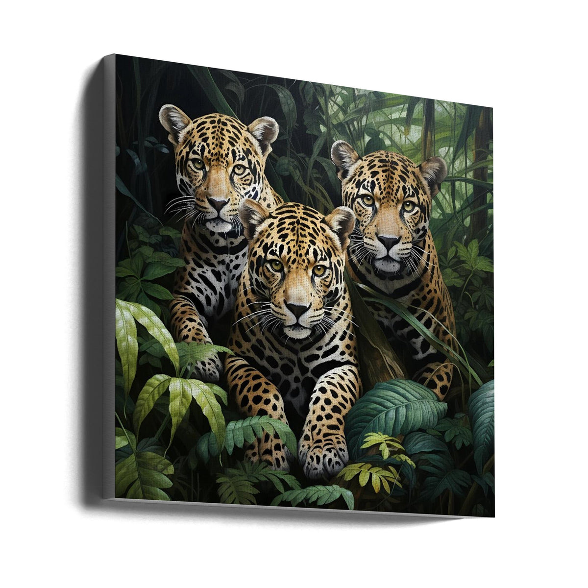Three Jaguars amid Dense Jungle Leaves Canvas Wall Art