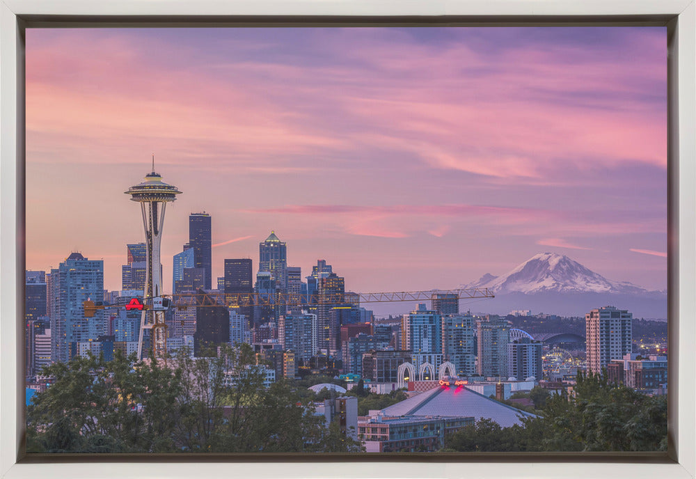 Seattle Skyline with Pink Morning Sky Canvas Wall Art | Good Morning, Seattle!