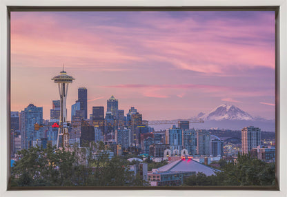 Seattle Skyline with Pink Morning Sky Canvas Wall Art | Good Morning, Seattle!