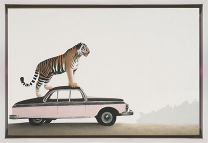 Tiger Standing on a Vintage Car Canvas Wall Art | Tiger on a car roof