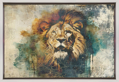 Vintage Lion Portrait with Teal and Gold Texture Canvas Wall Art | Lion Animal Vintage Art Illustration Wallart 06