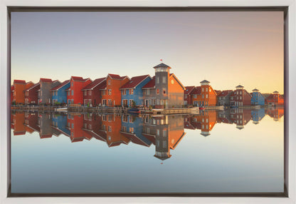 Colourful Waterfront Village Reflections Canvas Wall Art