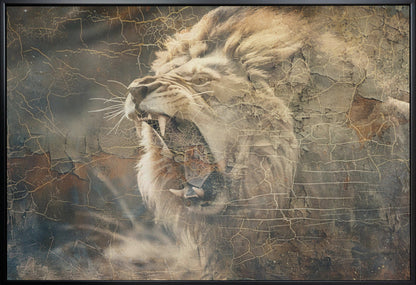 Roaring Lion in Weathered Earth Tones Canvas Wall Art | Lion Animal Vintage Art Illustration Wallart 09