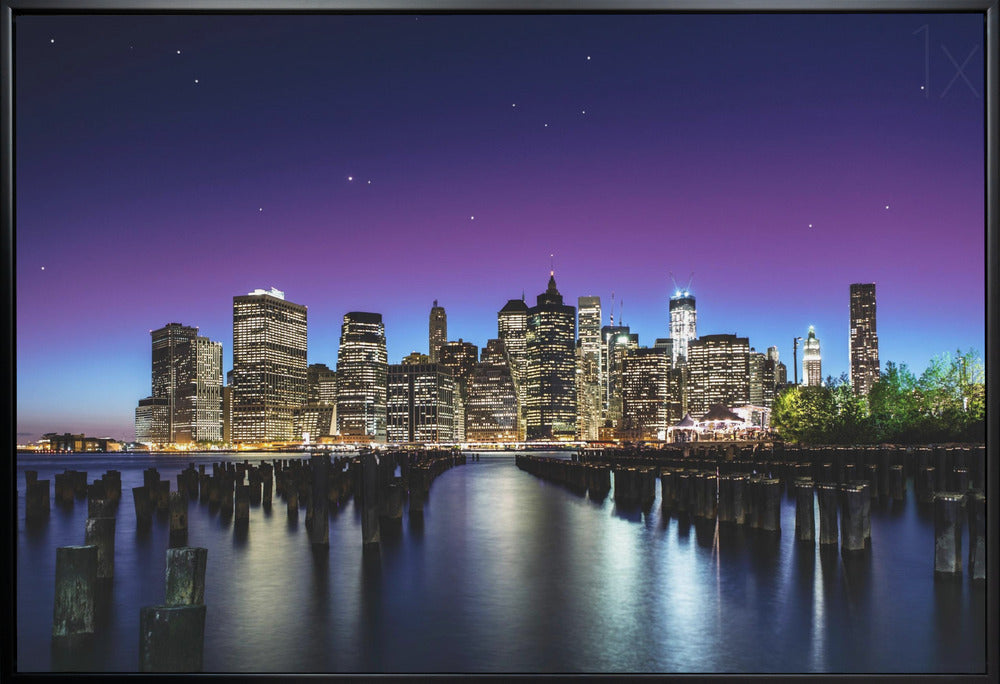 New York Night Skyline and Pier Reflections Canvas Wall Art | New York Sky Line