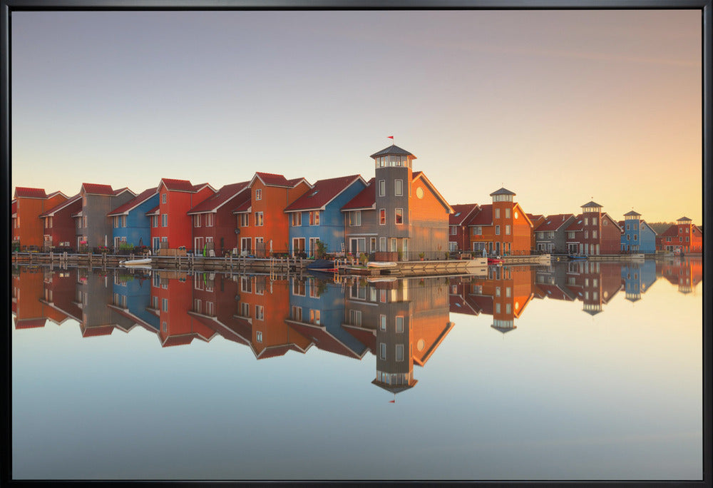 Colourful Waterfront Village Reflections Canvas Wall Art