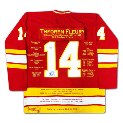 MAILLOT DE CARRIÈRE THEOREN FLEURY #1 SUR 199 - AUTOGRAPHÉ - CALGARY FLAMES - OBJET DE COLLECTION LNH EN ÉDITION LIMITÉE (TAILLE L OU XL)