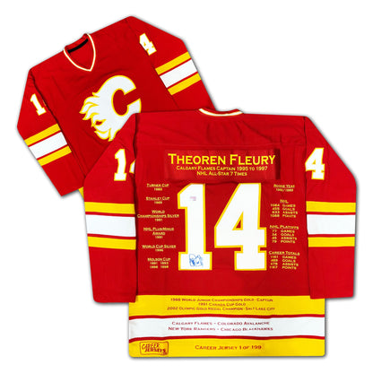 MAILLOT DE CARRIÈRE THEOREN FLEURY #1 SUR 199 - AUTOGRAPHÉ - CALGARY FLAMES - OBJET DE COLLECTION LNH EN ÉDITION LIMITÉE (TAILLE L OU XL)