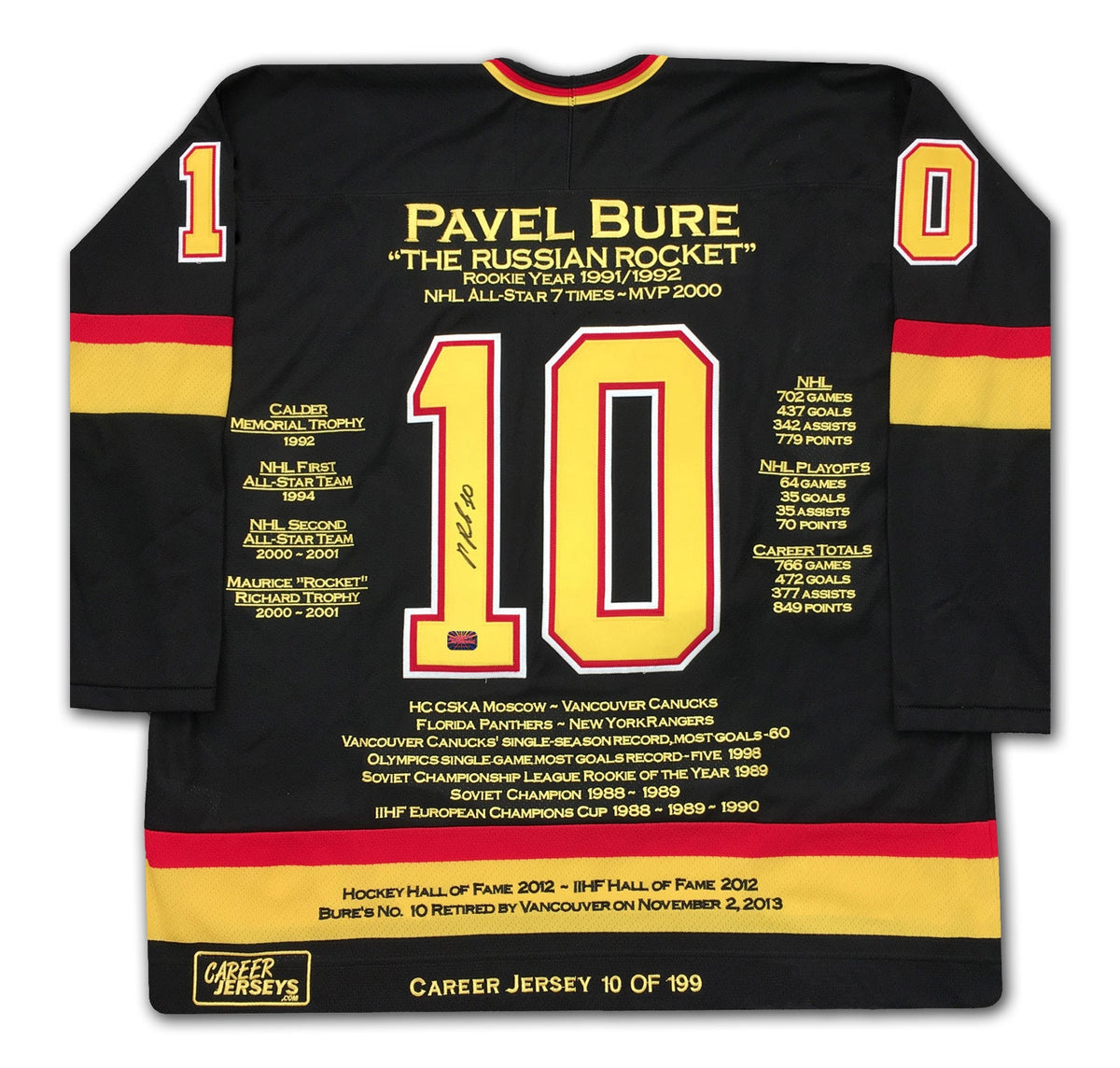 MAILLOT DE CARRIÈRE PAVEL BURE N°10 DE 199 - AUTOGRAPHIÉ - VANCOUVER CANUCKS