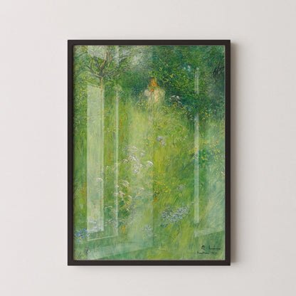 Gravure de Carl Larsson : Kersti dans la prairie, Art de conte de fées vert