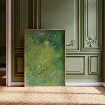 Gravure de Carl Larsson : Kersti dans la prairie, Art de conte de fées vert