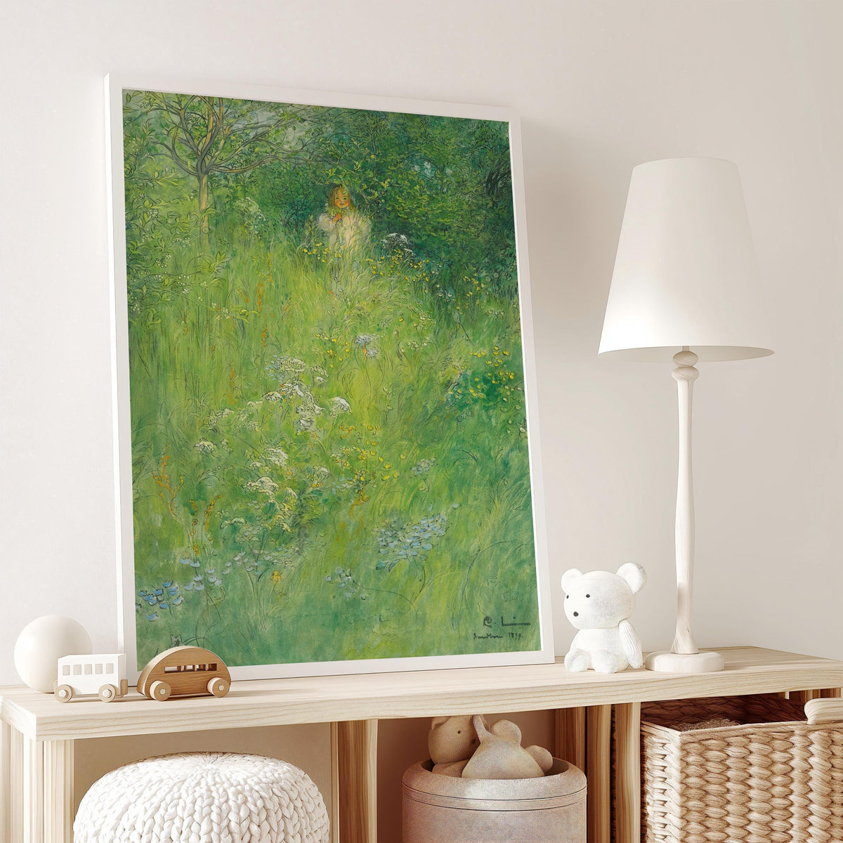 Gravure de Carl Larsson : Kersti dans la prairie, Art de conte de fées vert