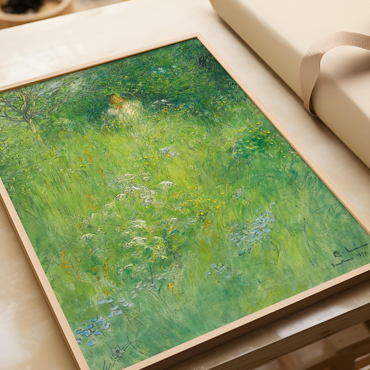 Gravure de Carl Larsson : Kersti dans la prairie, Art de conte de fées vert