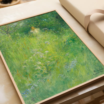 Gravure de Carl Larsson : Kersti dans la prairie, Art de conte de fées vert