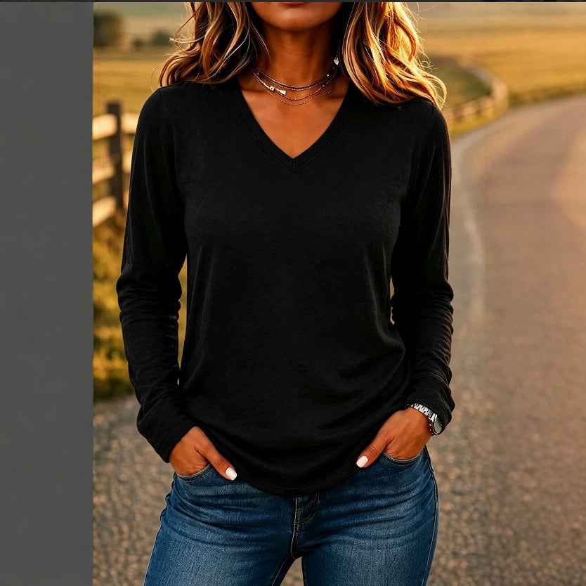 Women’s V-Neck Loose-Fit Long Sleeve T-Shirt – Solid Color Casual Pullover Top