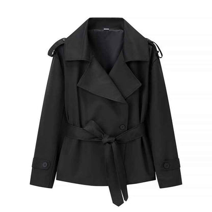 Women’s Solid Color Belted Short Trench Coat – European Style Cropped Jacket with Waist Tie